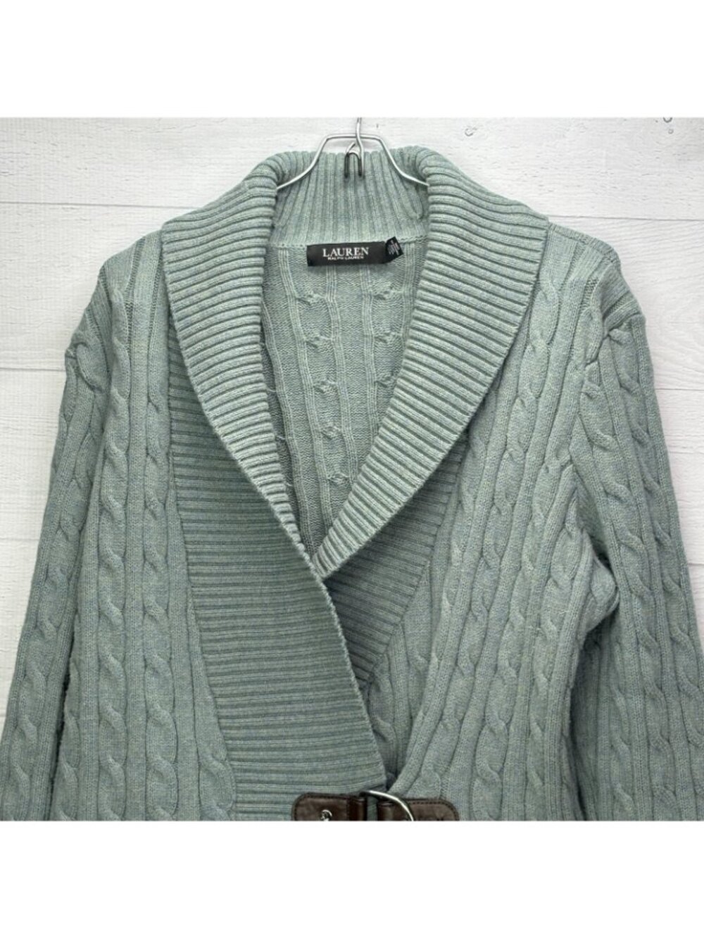 Lauren Ralph Lauren Cardigan Women XL Sage Cable Knit Cotton Shawl Collar Buckle - Picture 4 of 11